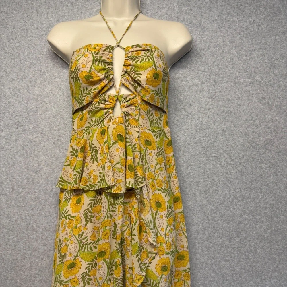 ASTR the Label Maxi Dress Womens XS Yellow Floral Halter Boho Tier Ruffle Flirty